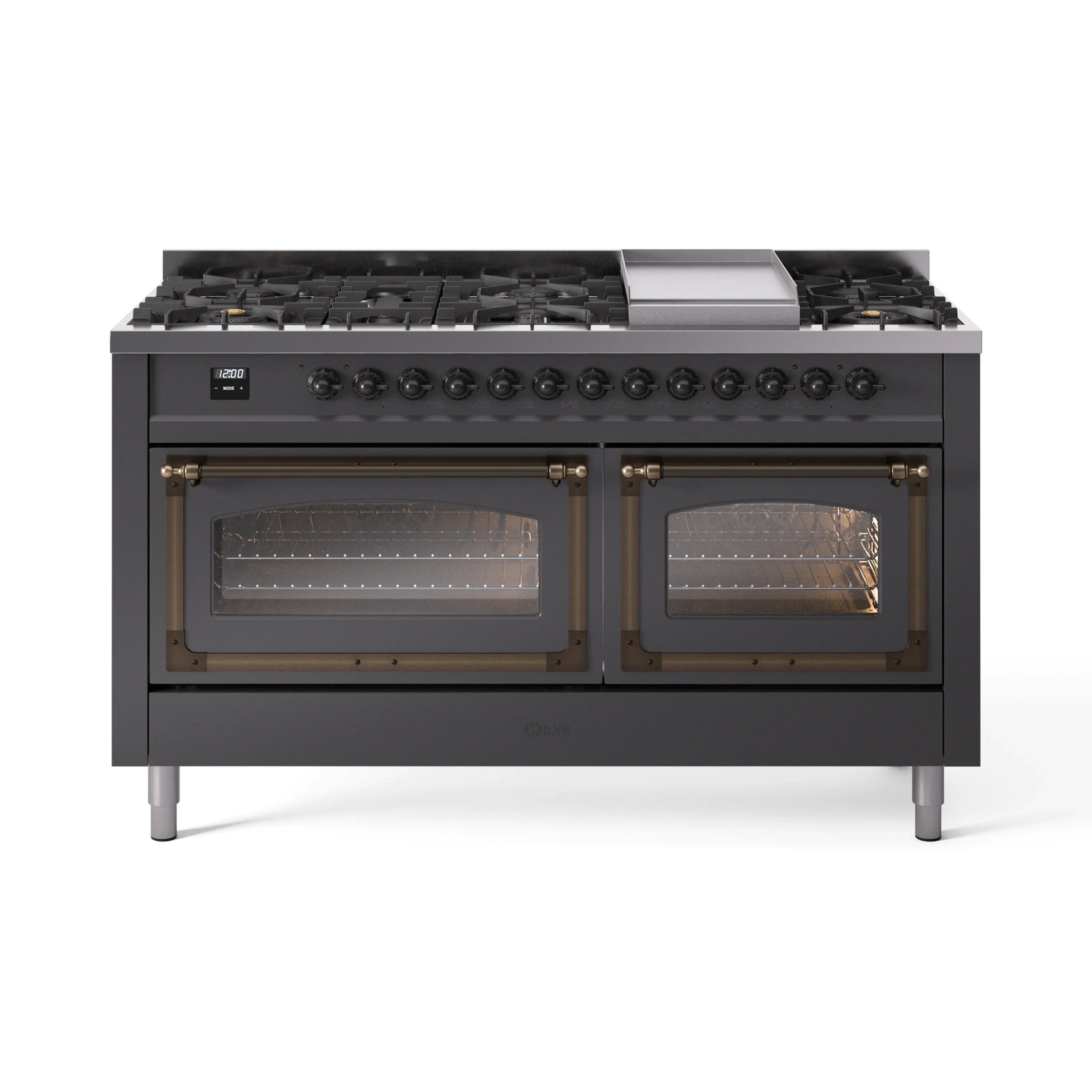 Matte graphite dual fuel range with bronze-trimmed double ovens and control knob panel