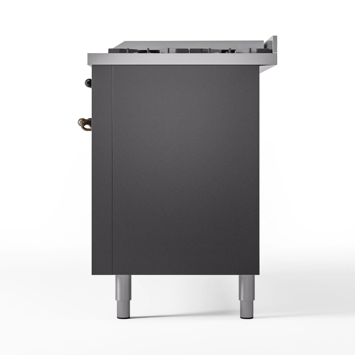 Matte graphite dual fuel gas range side view with control hardware and leveling legs