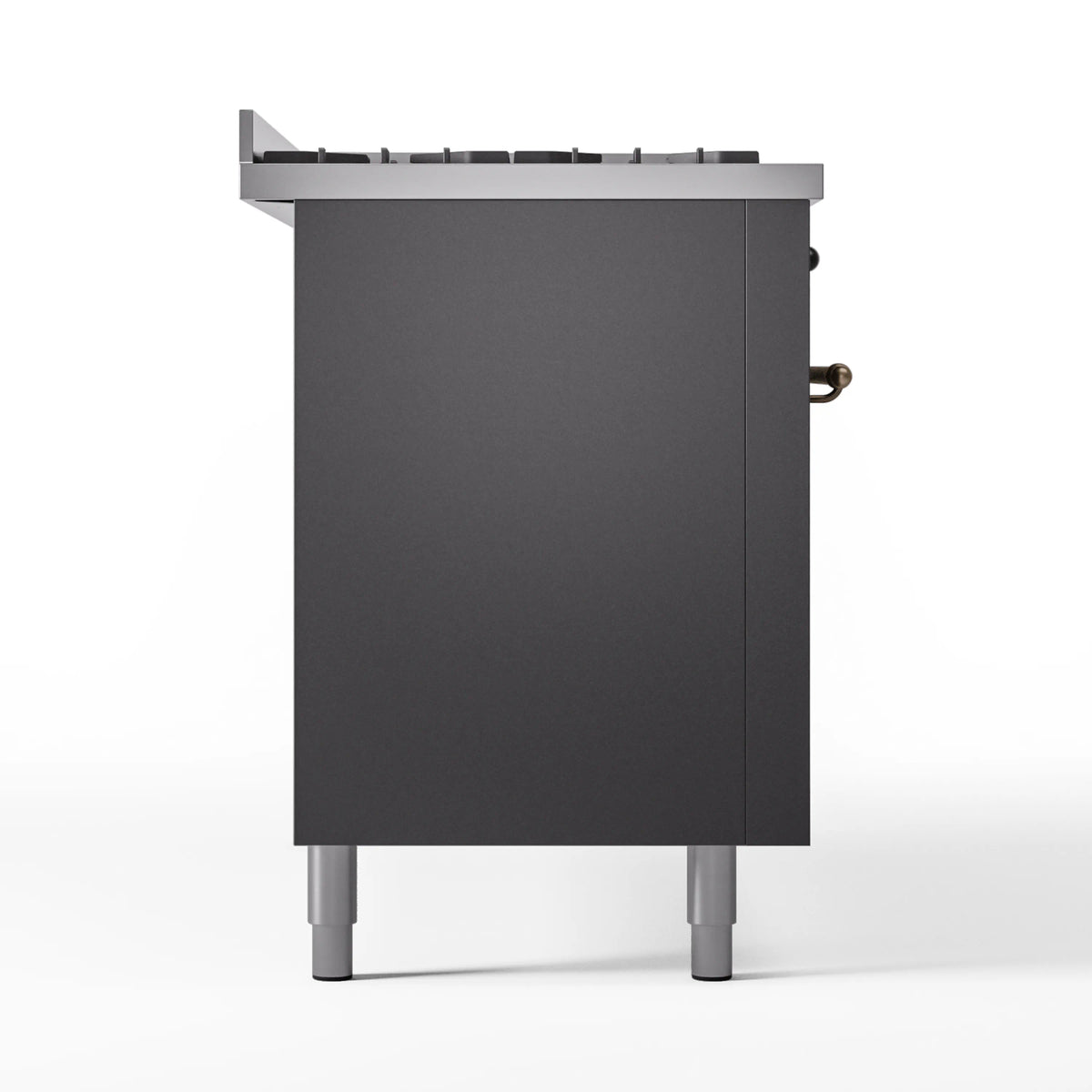 Matte graphite dual fuel gas range back view with rear ports and leveling legs