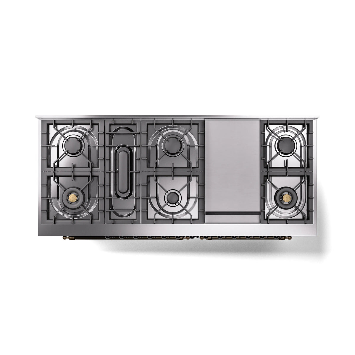 Dual-fuel range rear burner layout exposed behind open back panel