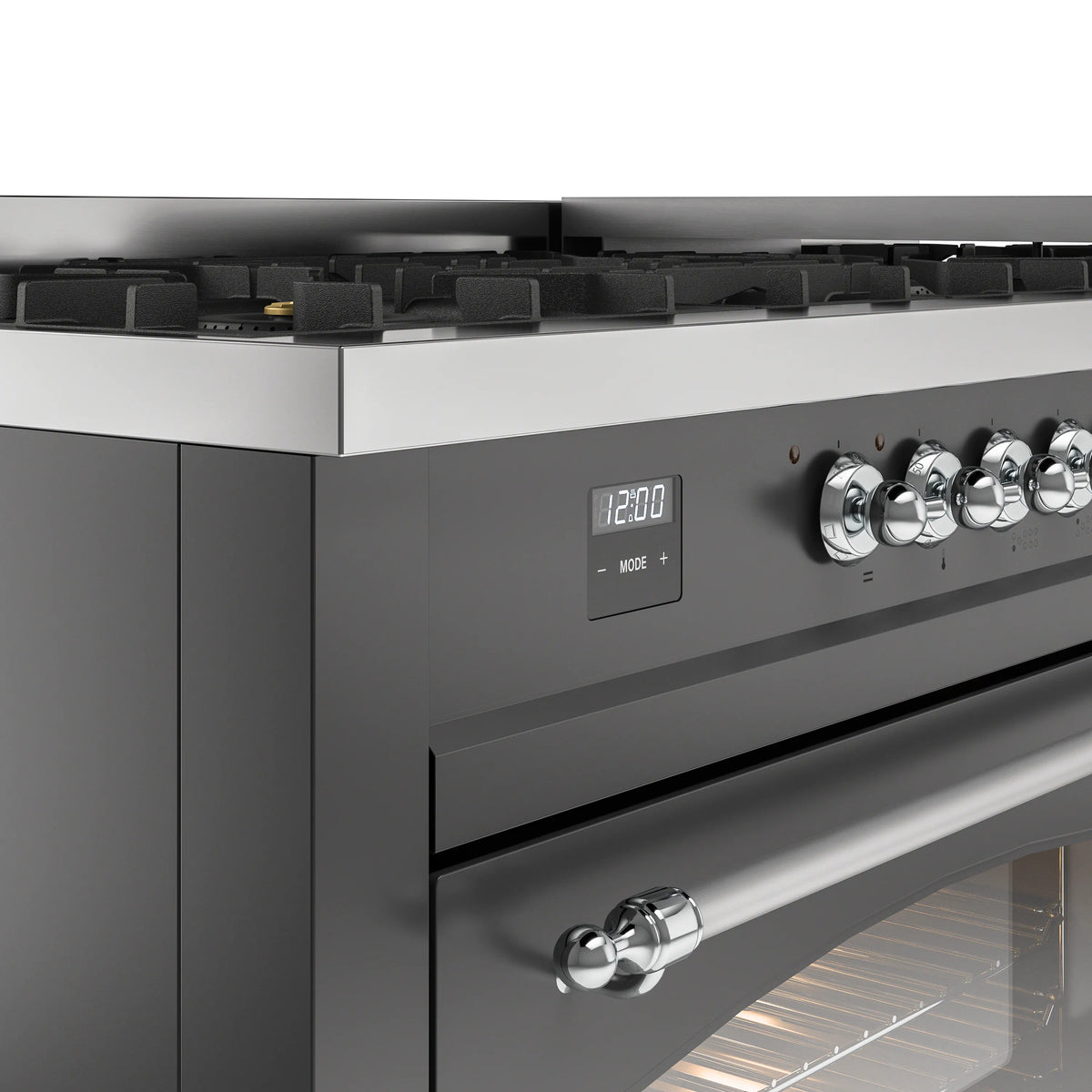 Matte graphite dual fuel range control panel with chrome knobs and digital display