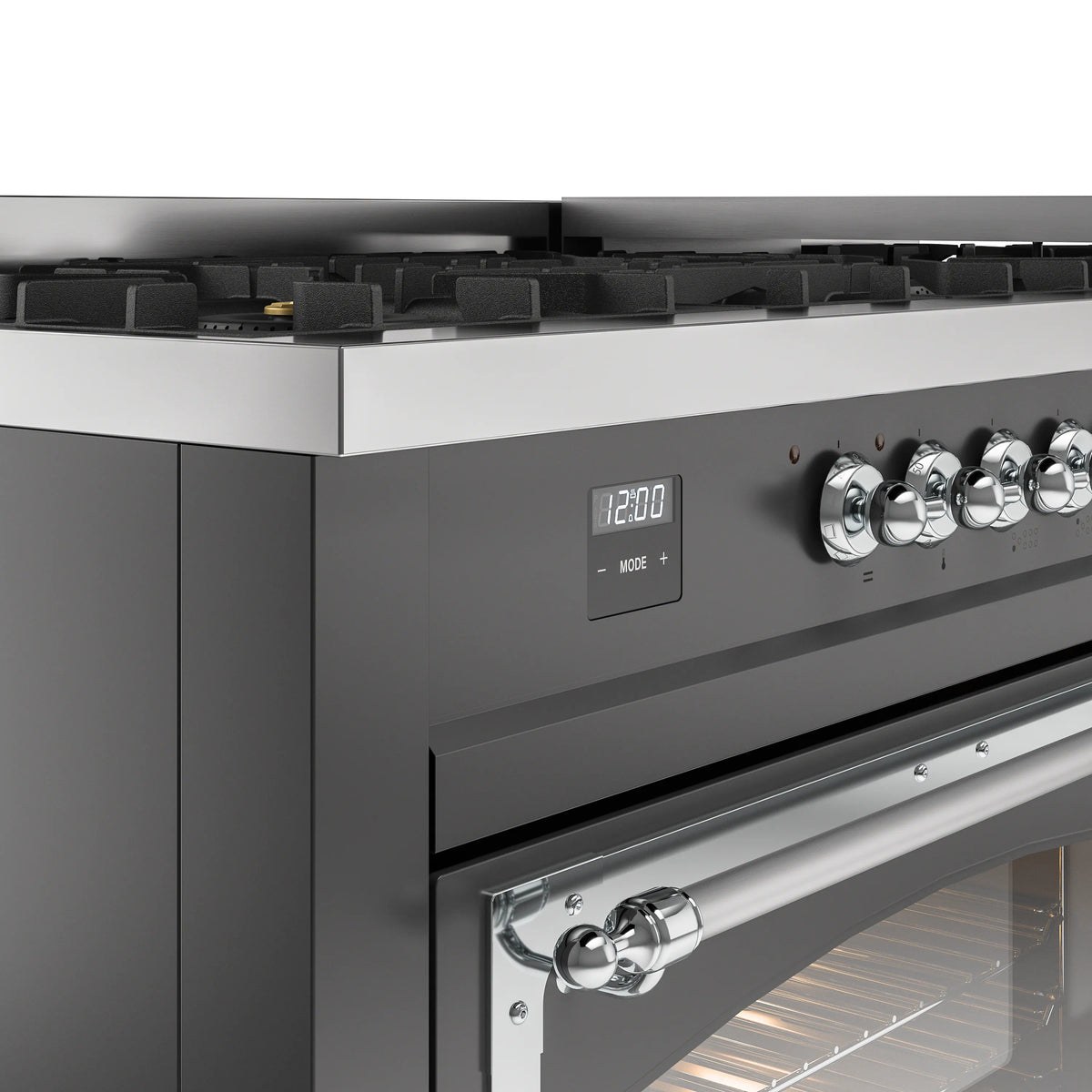Matte graphite range control panel with digital display and chrome control knobs