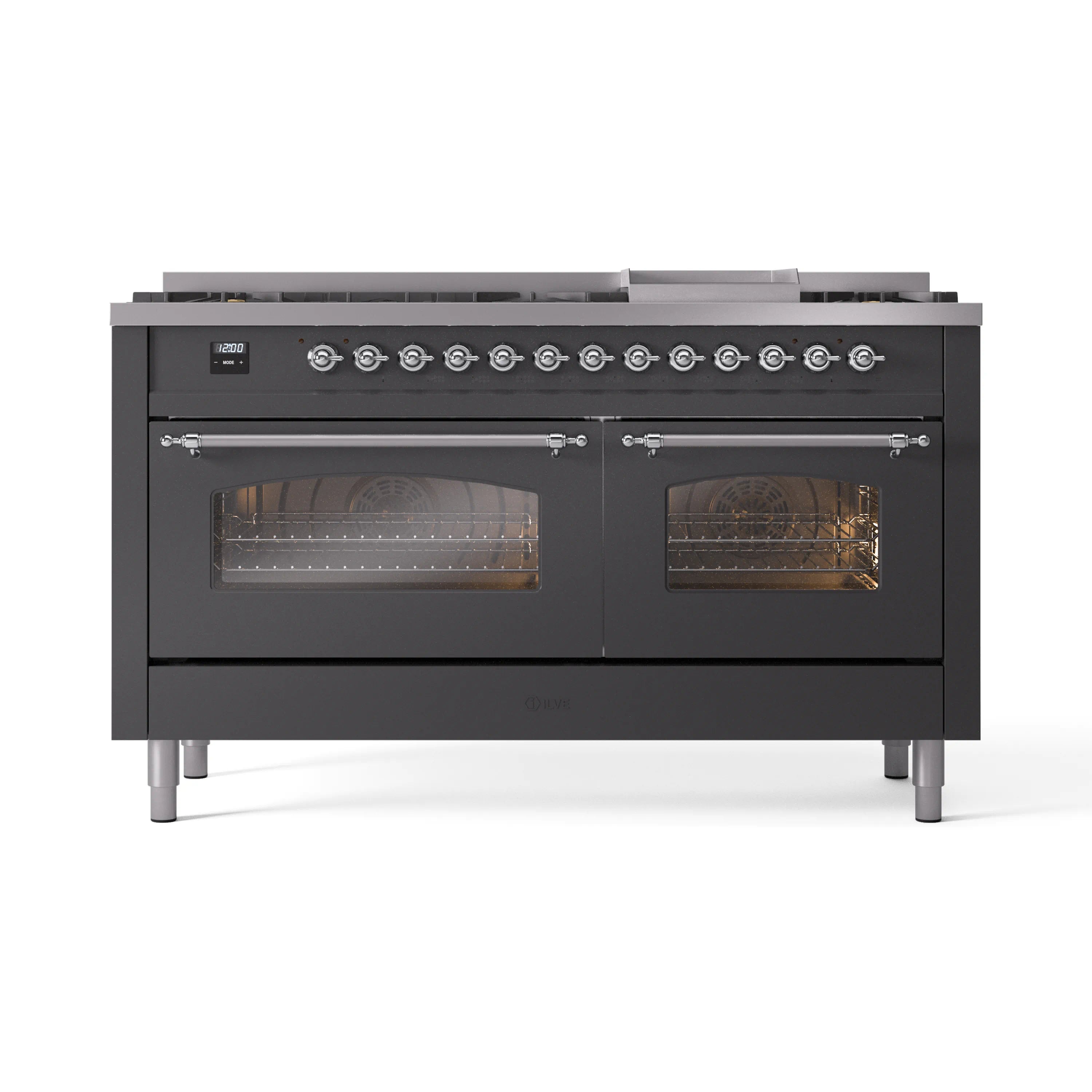 Matte graphite dual-fuel range with chrome trim, glass oven doors and burner control knobs