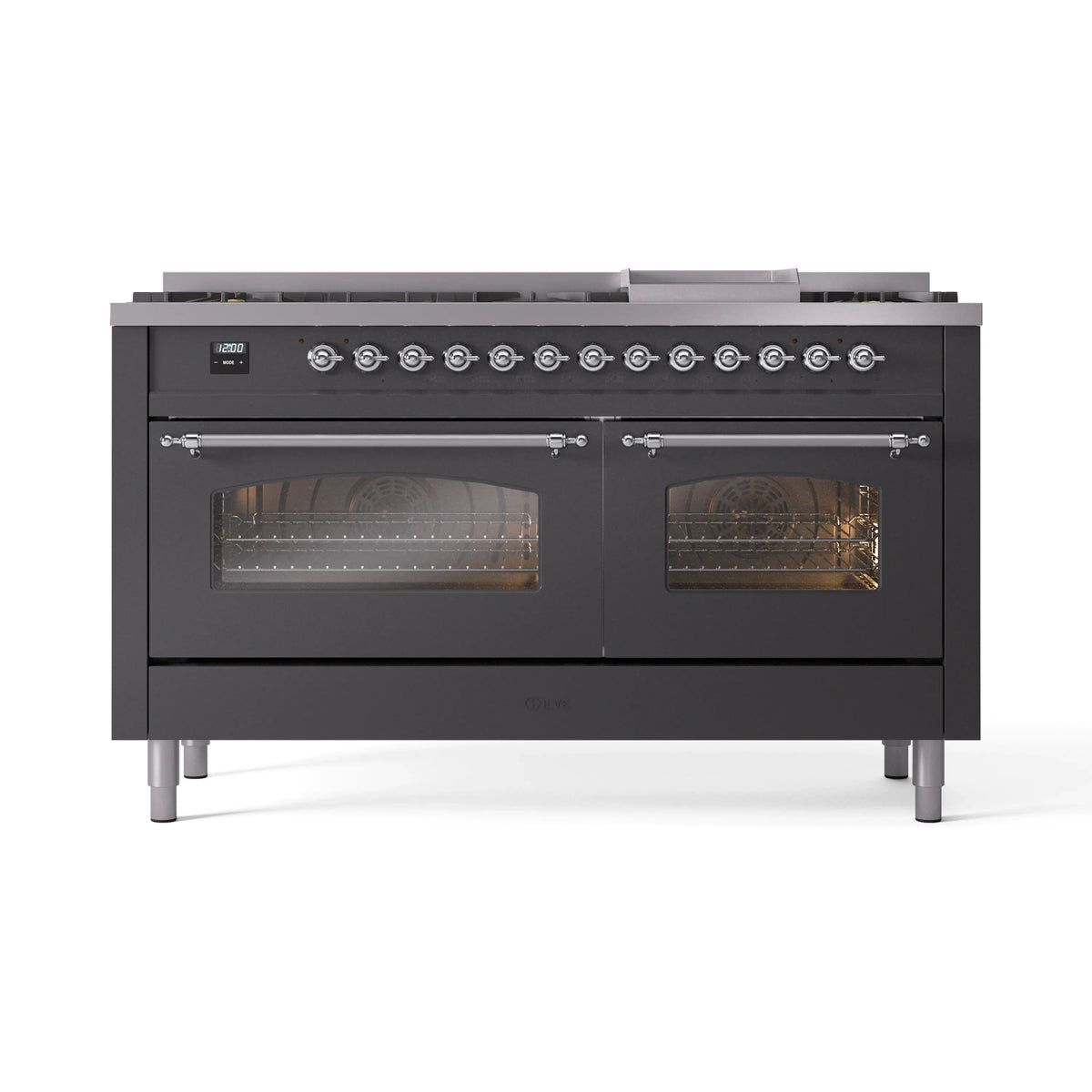 Matte graphite dual fuel range with chrome trim, 9 burners, and two visible oven doors with glass
