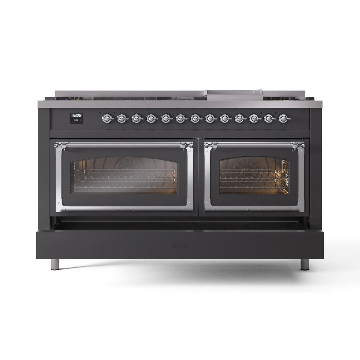 Matte graphite dual fuel gas range with dual oven windows and chrome control knobs