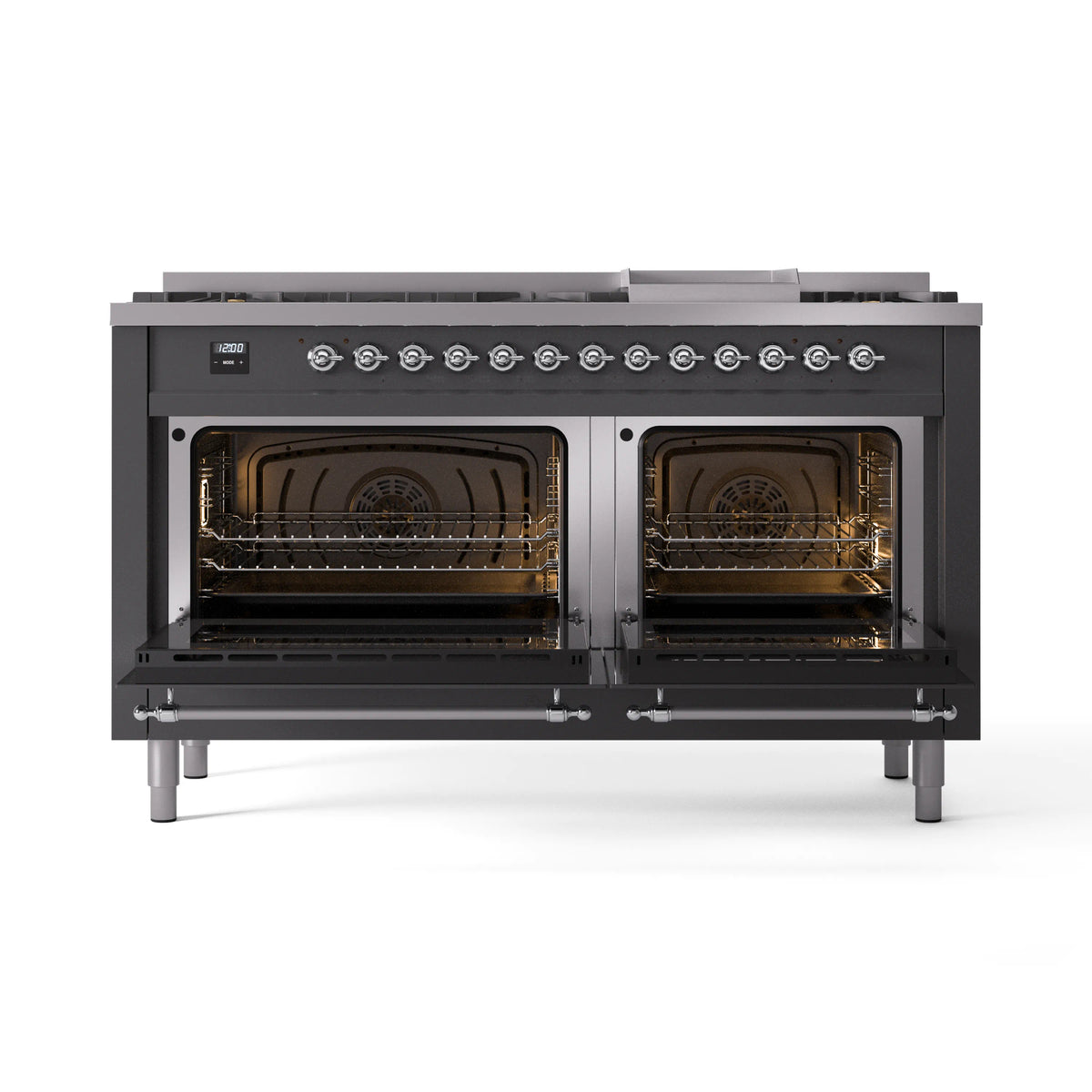 Dual fuel range with matte graphite finish, chrome trims, and two oven doors open