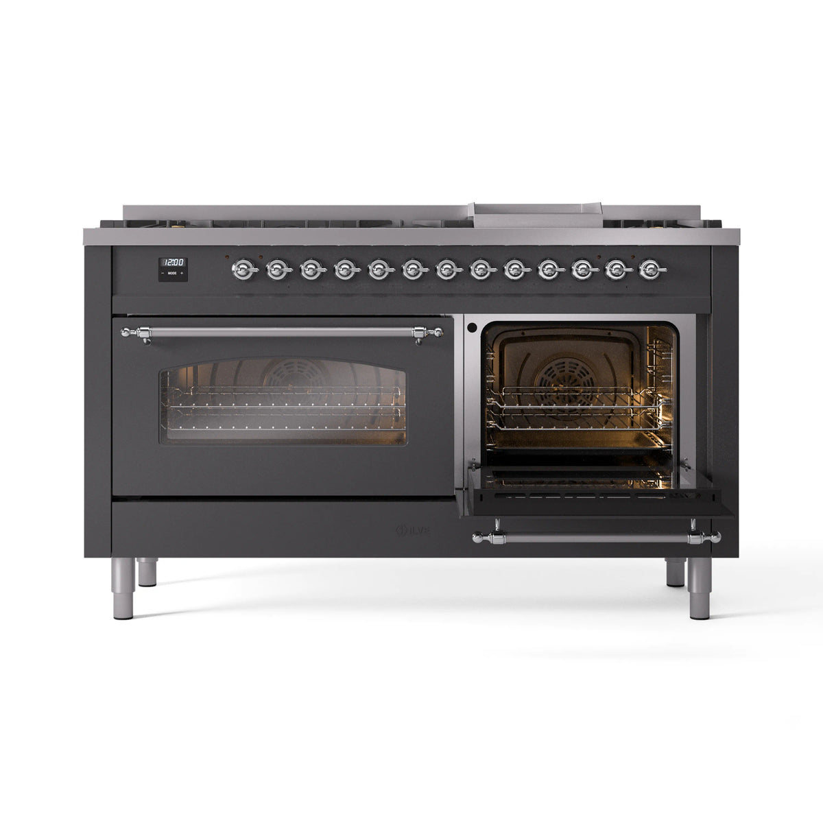 Matte graphite dual-fuel range with one open oven door and chrome control knobs