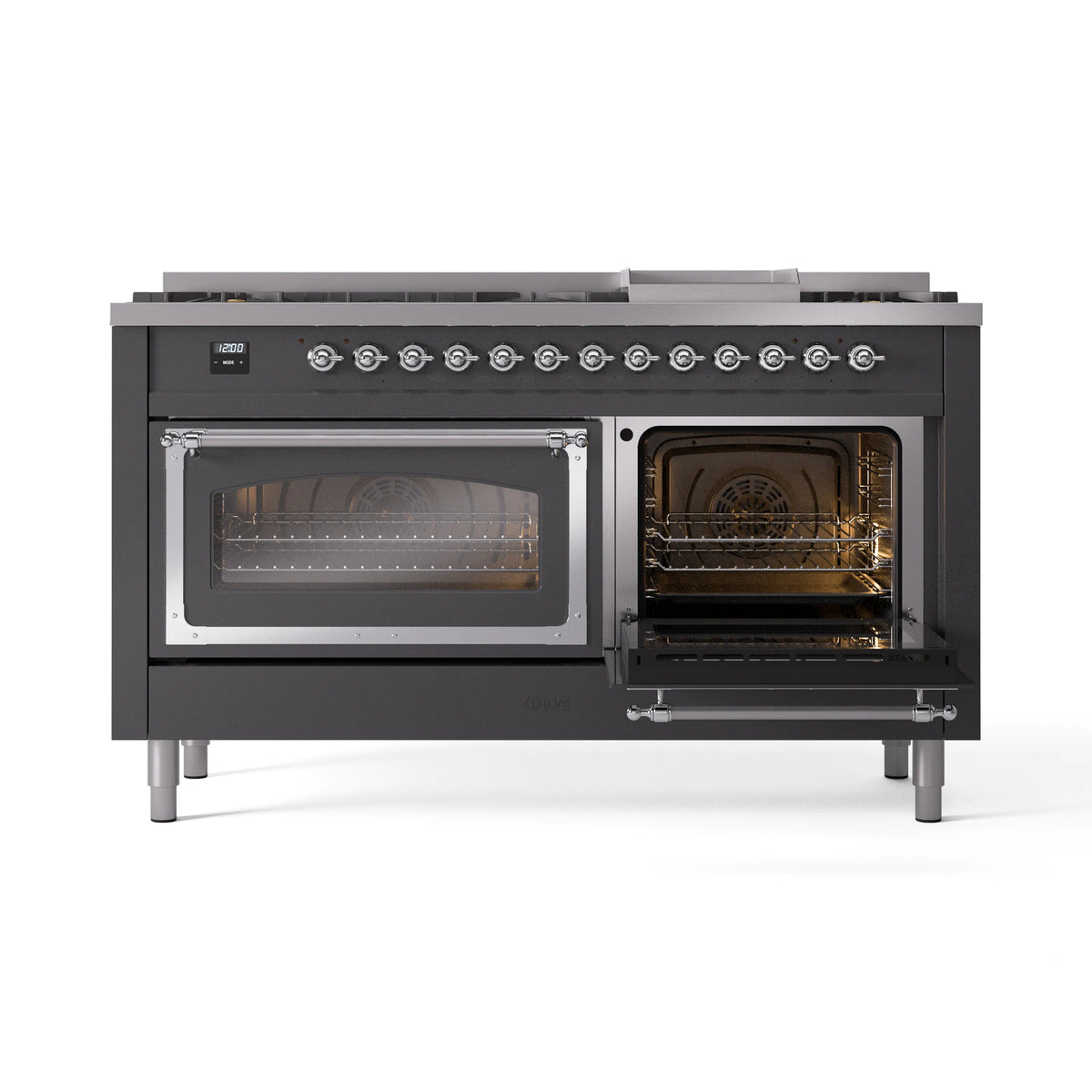 Matte graphite dual fuel range with left oven glass door and right oven door open