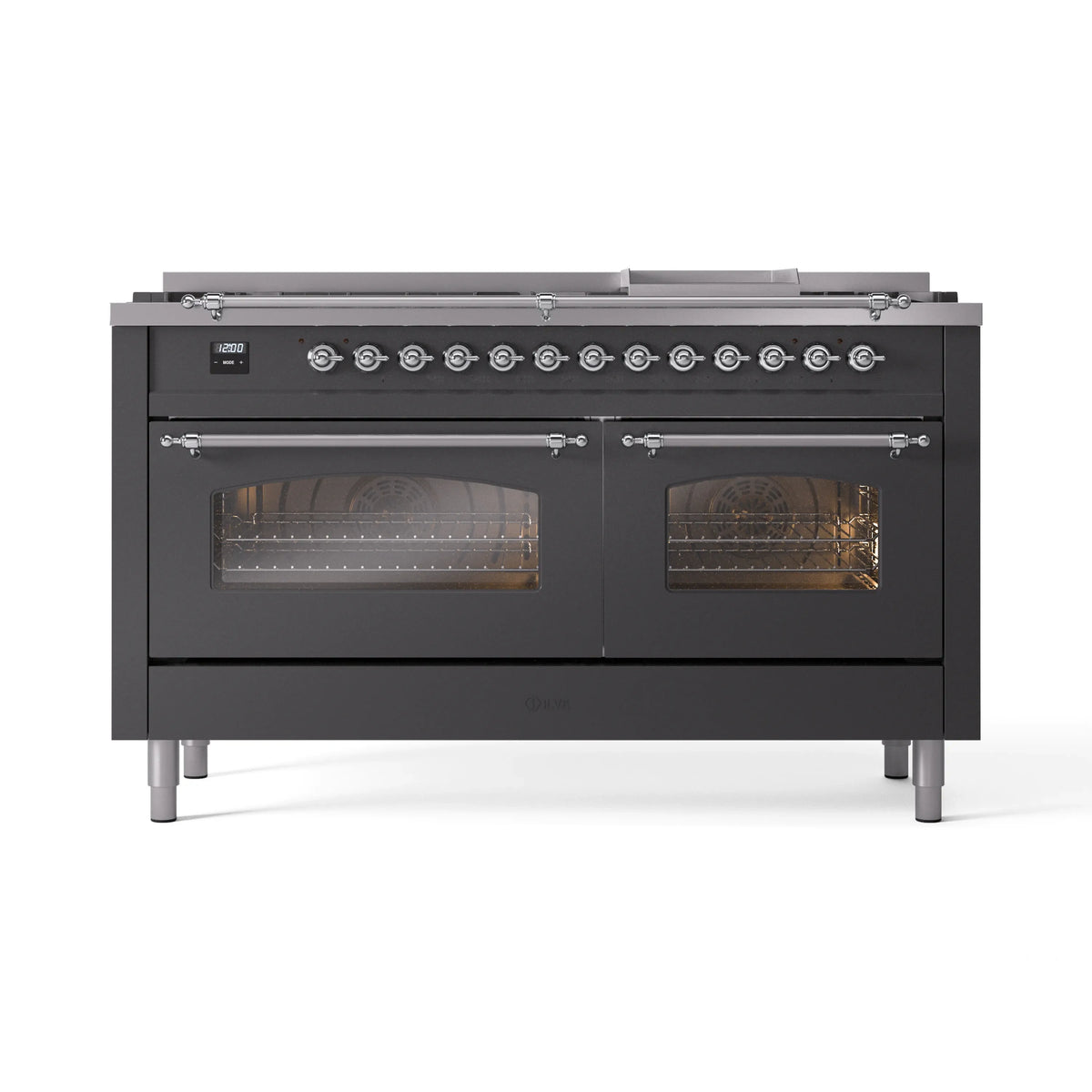 Matte graphite dual fuel range with chrome trim, 9 burners, and two oven doors with glass