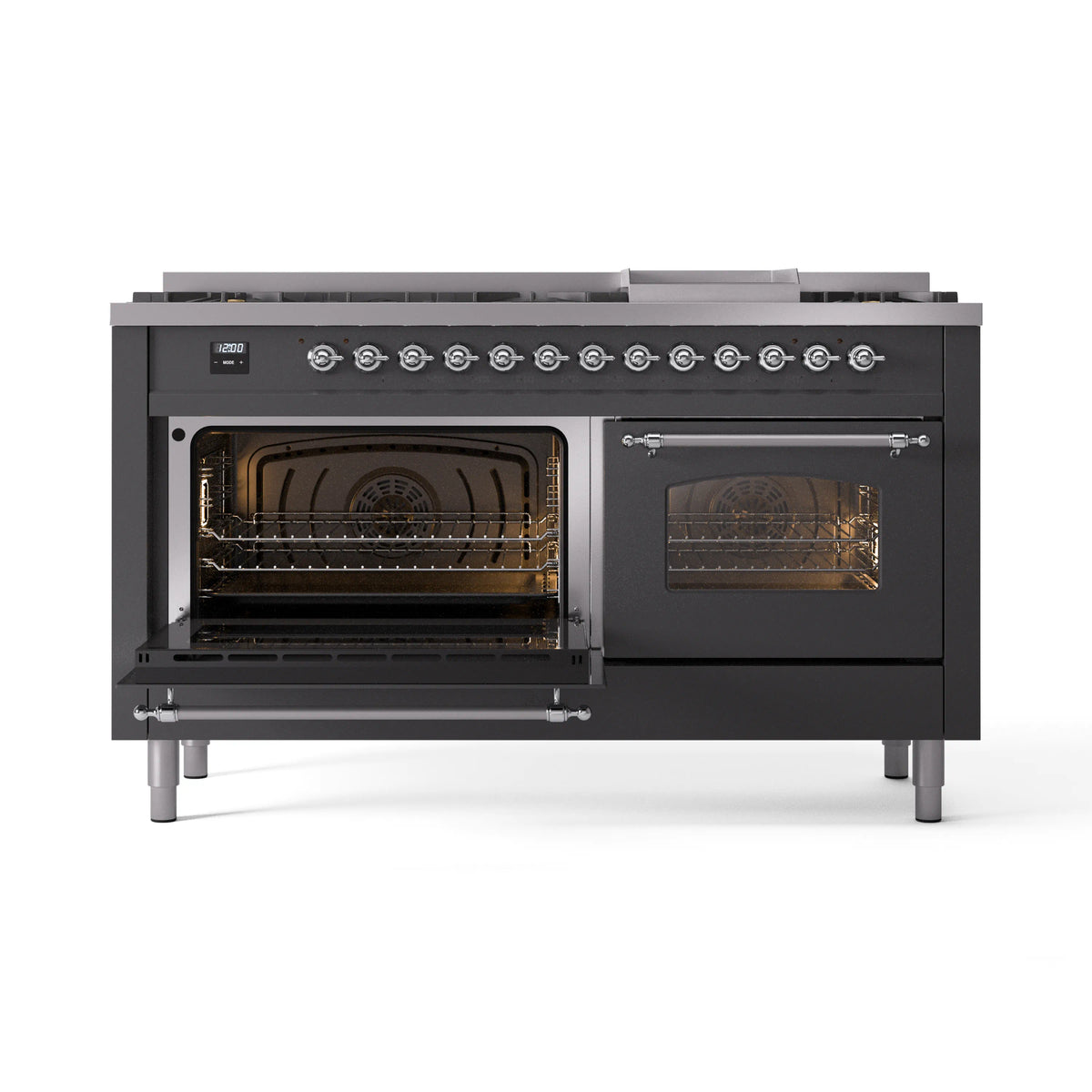 Matte graphite dual-fuel range with left oven door open and right oven door closed