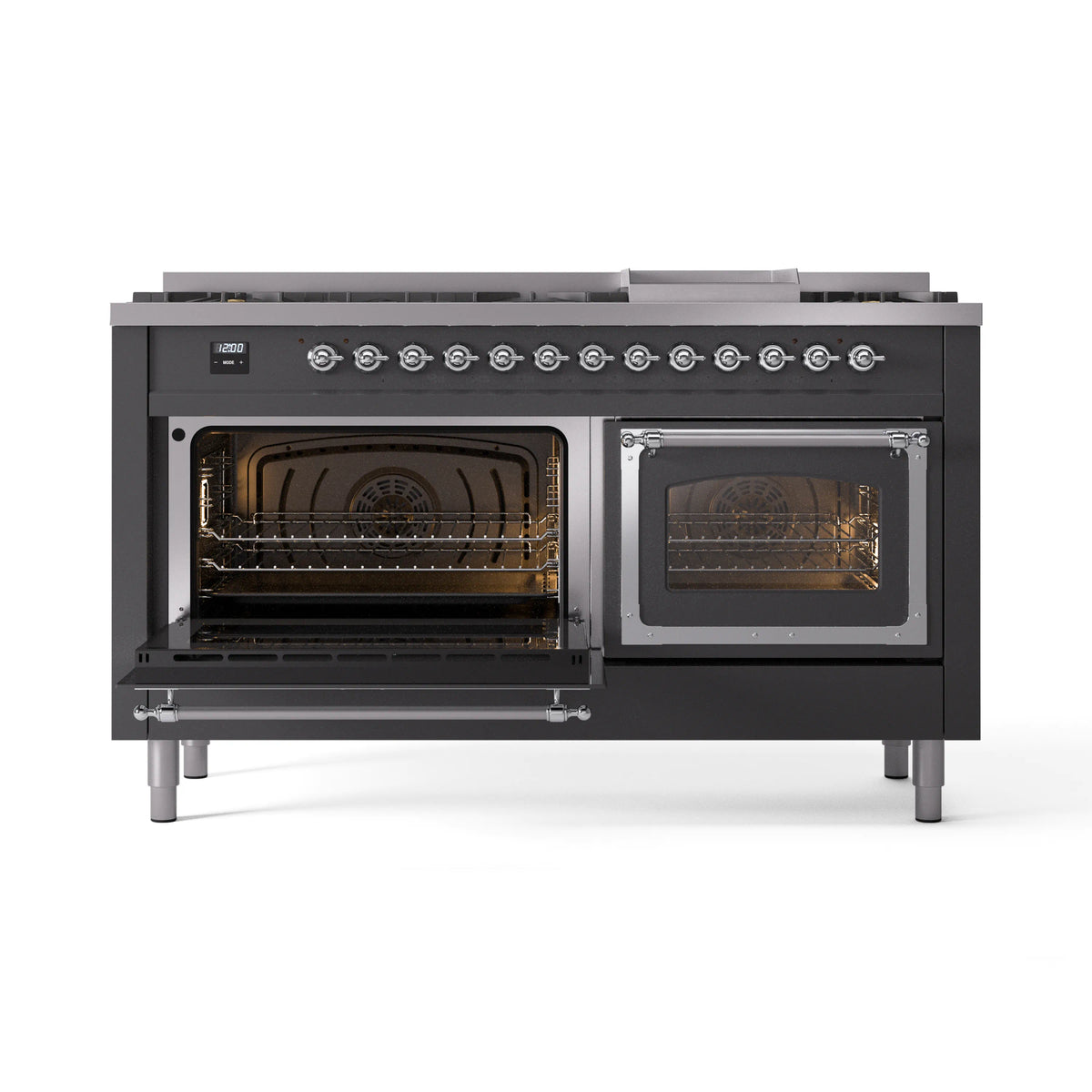 Dual fuel range with both ovens open, illuminated interiors and chrome-trimmed door fronts