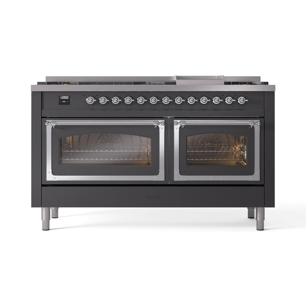 Matte graphite dual fuel gas range with two oven doors and chrome trim