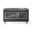 ILVE 60-Inch Nostalgie II Noblesse Propane Gas Dual Fuel Range with 9 Sealed Burners, Griddle, Triple Glass Door Oven in Matte Graphite with Chrome Trim (UN60FNMPMGCLP)