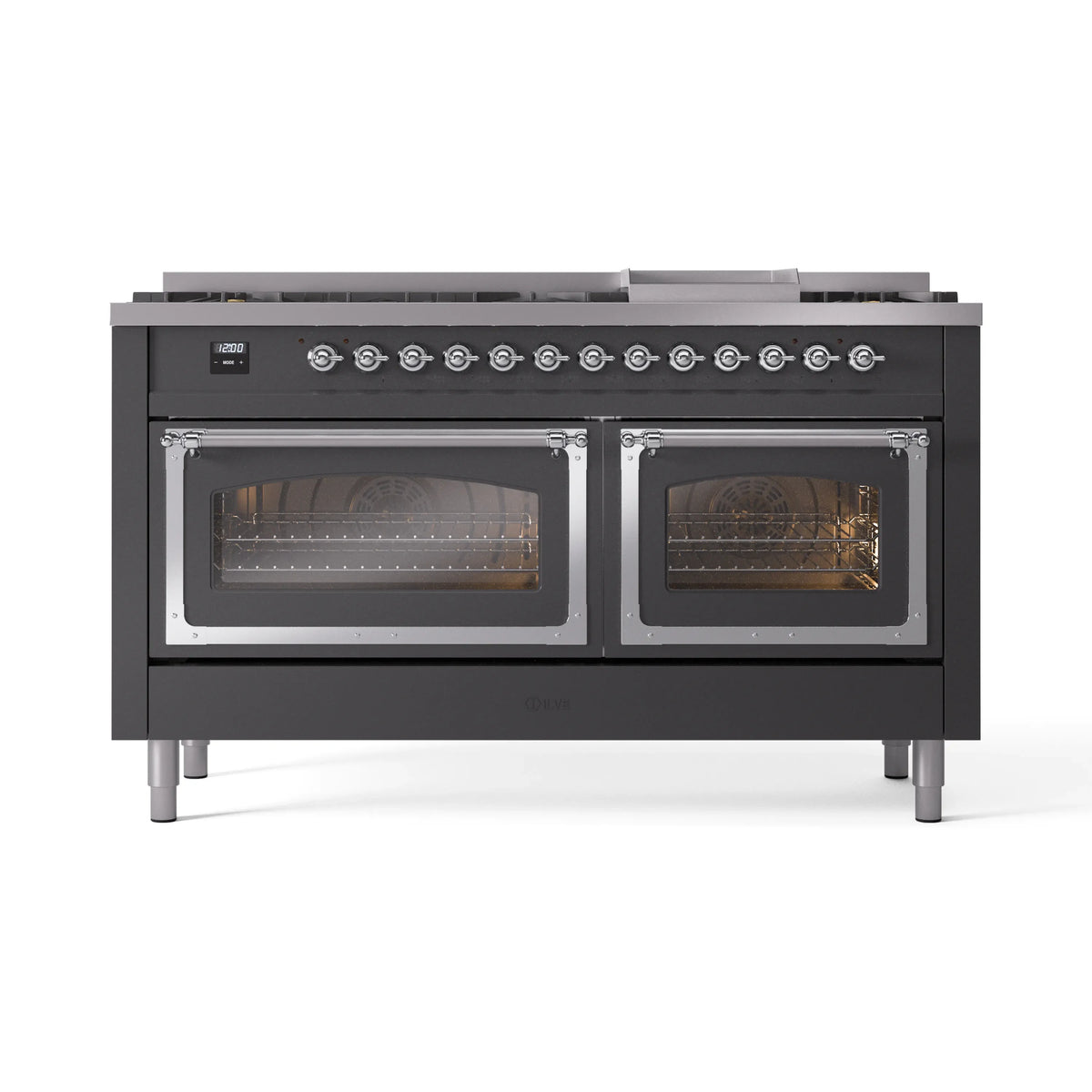 Matte graphite dual fuel range with chrome trim, two front oven doors with viewing glass