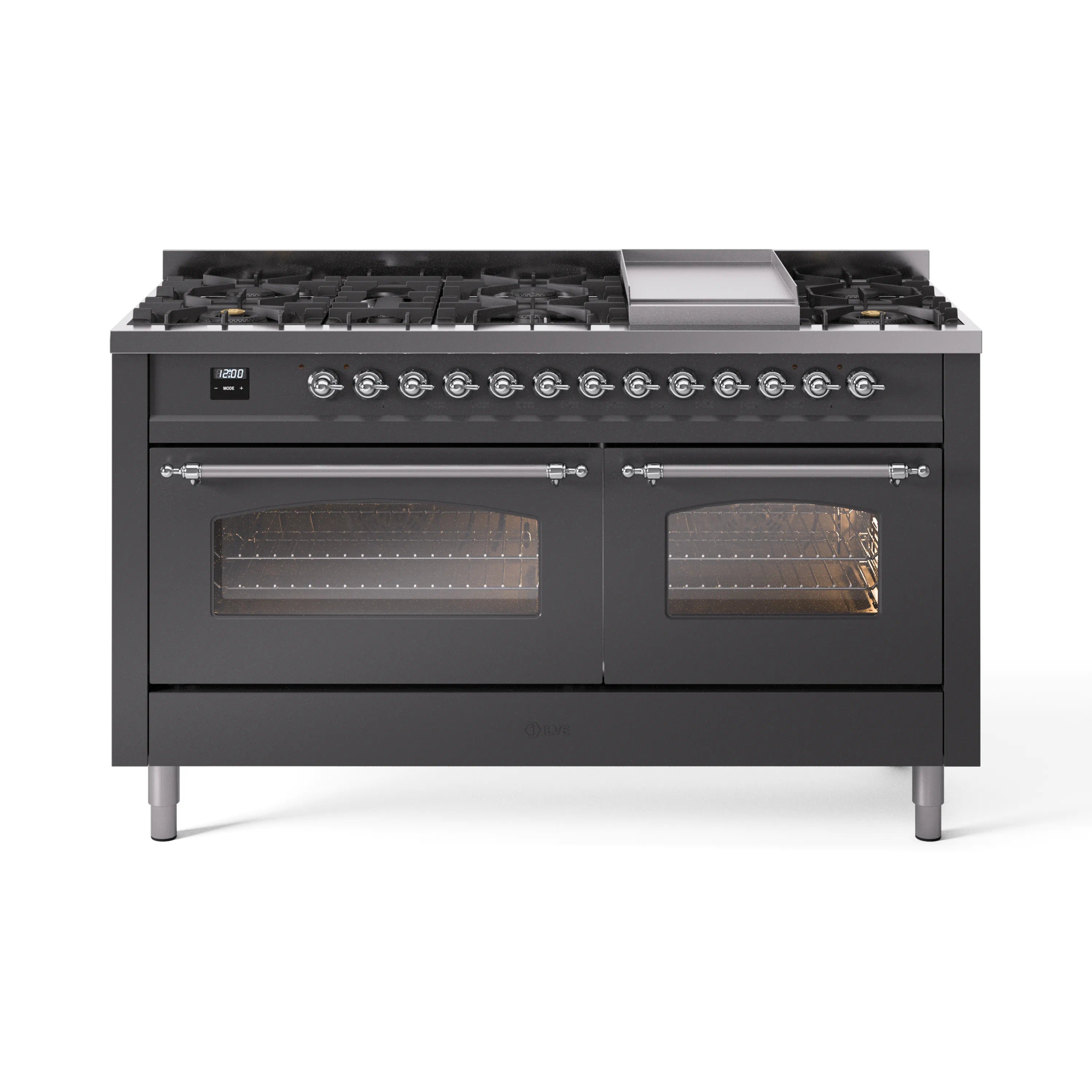 Matte graphite dual-fuel range with burner grates and two oven doors with glass windows
