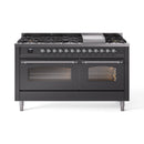 ILVE 60-Inch Nostalgie II Natural Gas Dual Fuel Range with 9 Burners, Griddle and Triple Glass Door Oven in Matte Graphite with Chrome Trim (UP60FNMPMGC)
