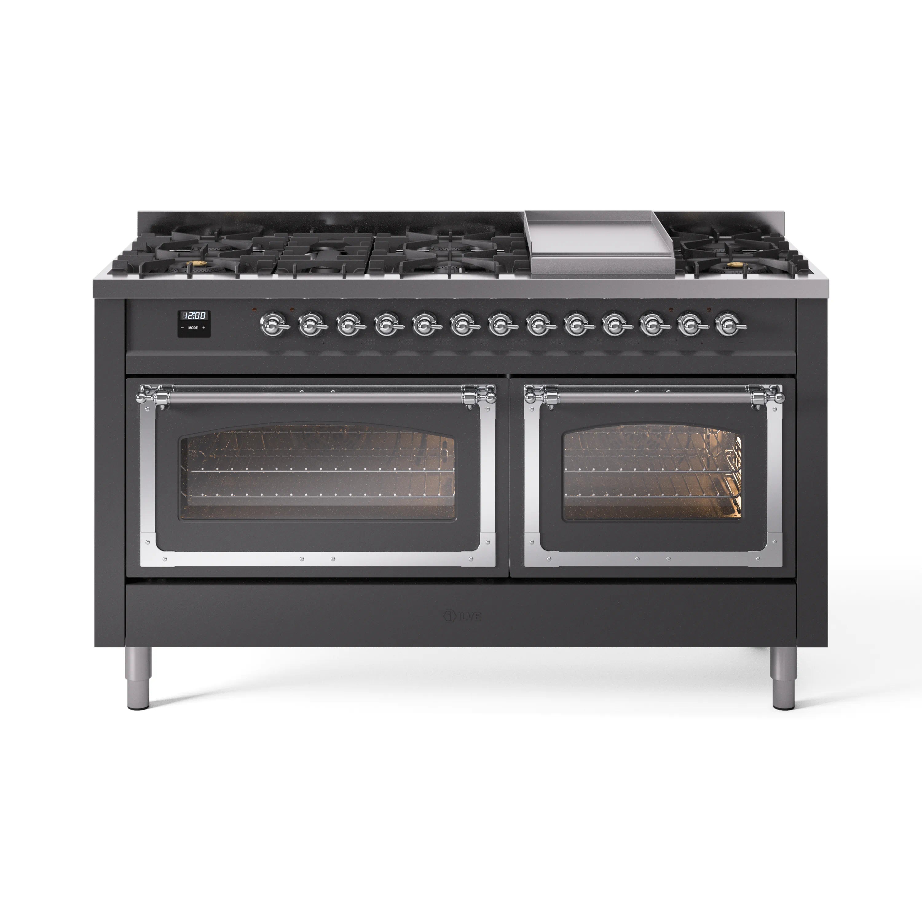 Matte graphite dual fuel range front with burner grates and dual oven windows