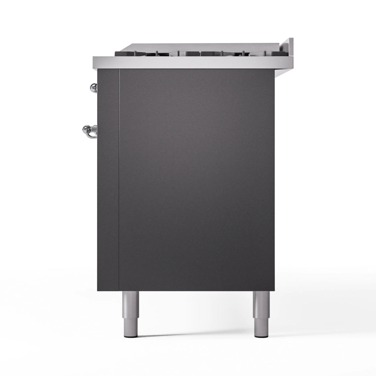 Matte graphite rear view of dual-fuel range with side fittings and leveling legs