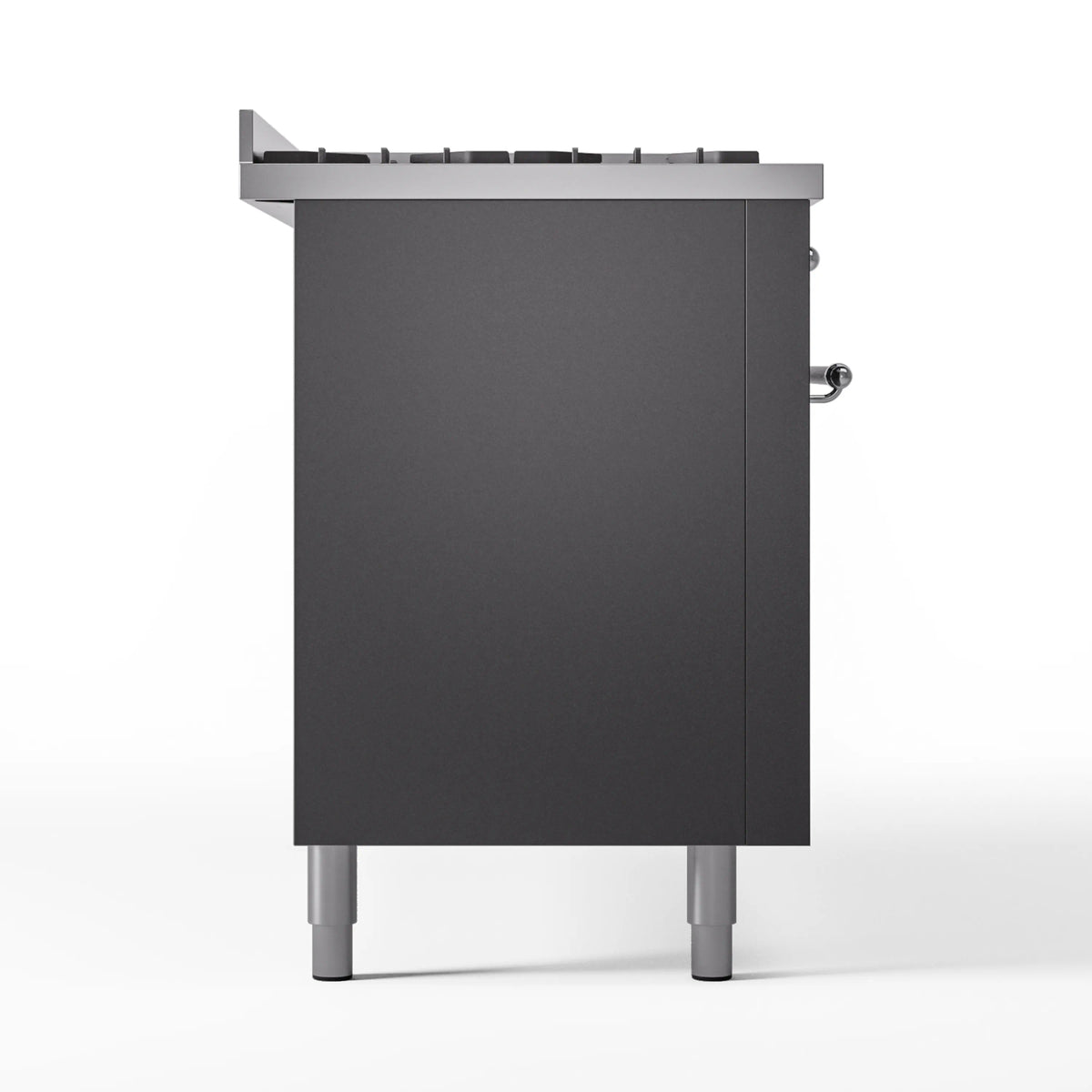 Matte graphite side view of dual-fuel range with chrome fitting and front leg bases
