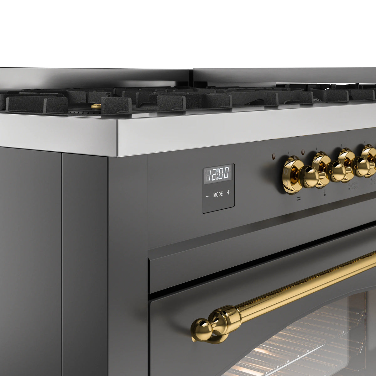 Matte graphite control panel with brass knobs and 1200 display