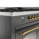 ILVE 60-Inch Nostalgie II Natural Gas Dual Fuel Range with 9 Burners, Griddle and Triple Glass Door Oven in Matte Graphite with Brass Trim (UP60FNMPMGG)