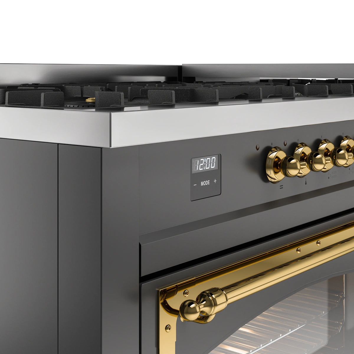 Matte graphite control panel with brass knobs and digital clock display