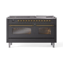 ILVE 60-Inch Nostalgie II Natural Gas Dual Fuel Range with 9 Burners, Griddle and Triple Glass Door Oven in Matte Graphite with Brass Trim (UP60FNMPMGG)