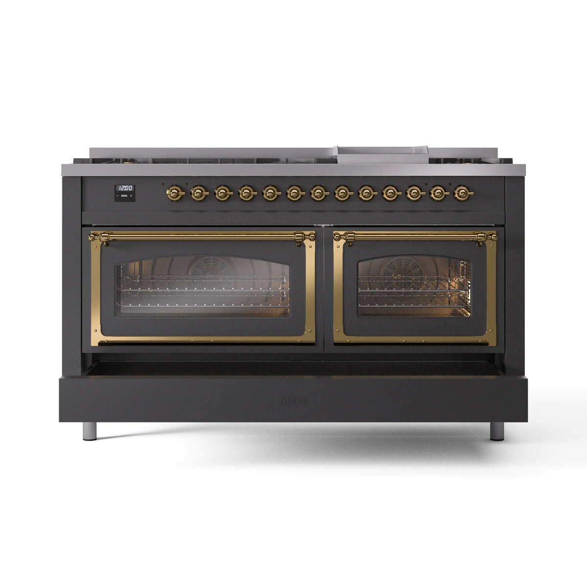 Matte graphite dual-fuel range with two open ovens and brass-trimmed oven doors