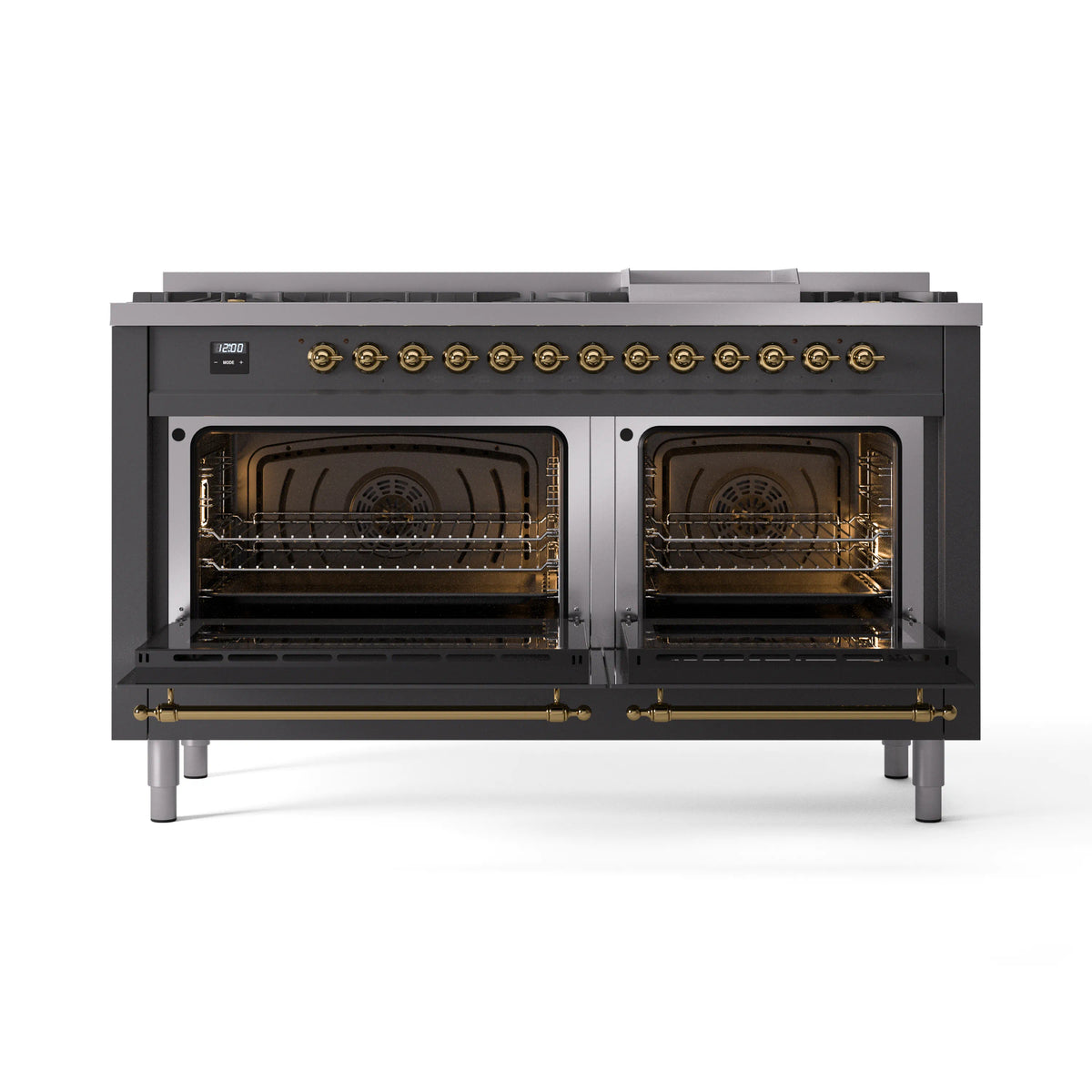 Matte graphite dual-fuel range with brass knobs and two open ovens with racks