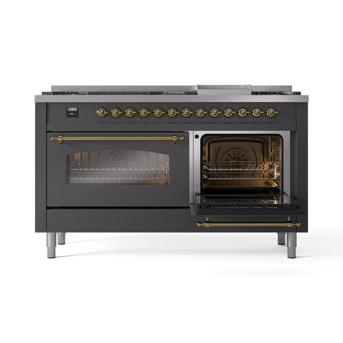 Matte graphite dual-fuel range with brass knobs and two open glass oven doors