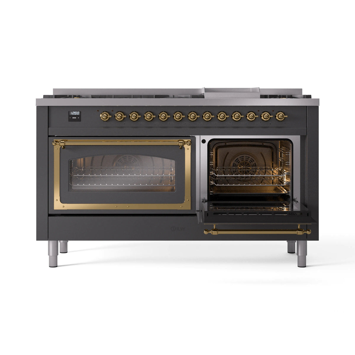 Matte graphite dual-fuel range with left oven open, right oven closed, brass trim