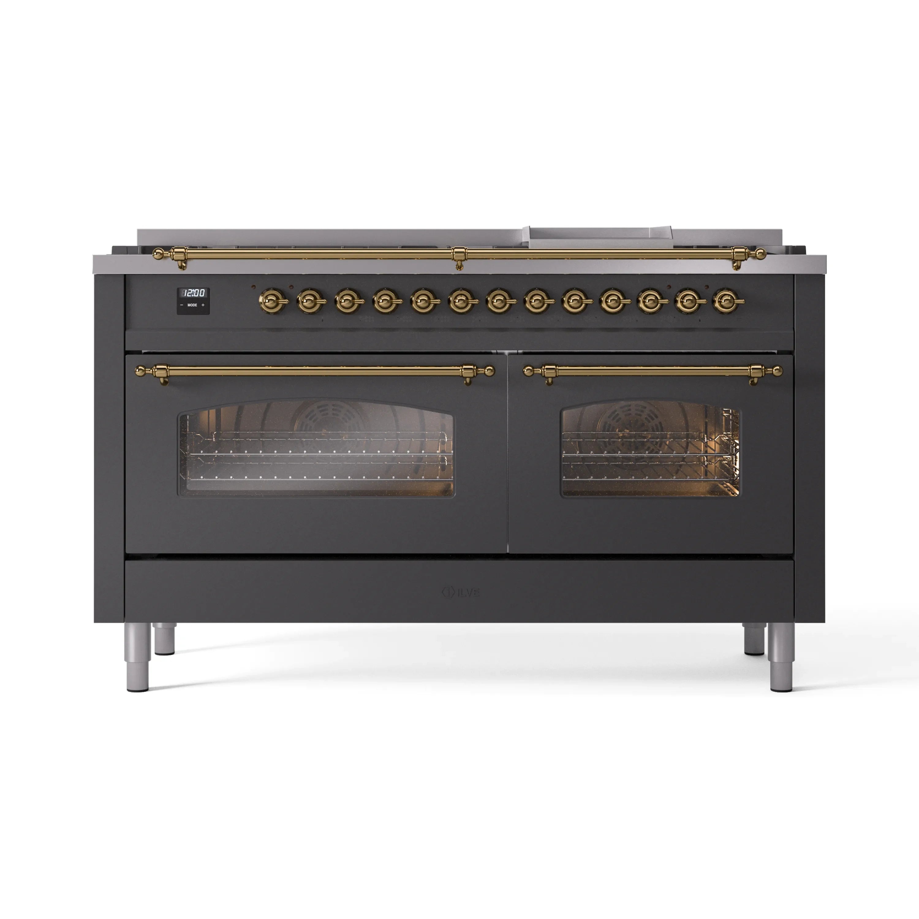 Matte graphite dual-fuel gas range front with brass knobs and dual glass oven doors