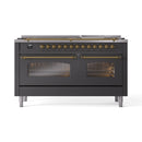 ILVE 60-Inch Nostalgie II Natural Gas Dual Fuel Range with 9 Burners, Griddle and Triple Glass Door Oven in Matte Graphite with Brass Trim (UP60FNMPMGG)