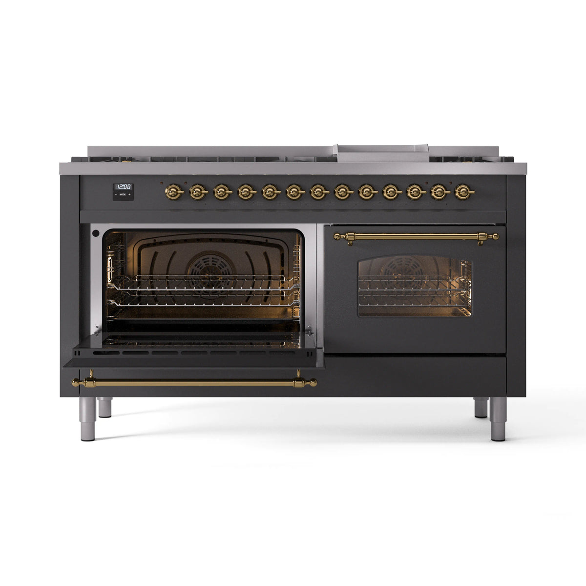 Dual-fuel gas range with both oven doors open showing lit baking interiors