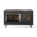 ILVE 60-Inch Nostalgie II Natural Gas Dual Fuel Range with 9 Burners, Griddle and Triple Glass Door Oven in Matte Graphite with Brass Trim (UP60FNMPMGG)
