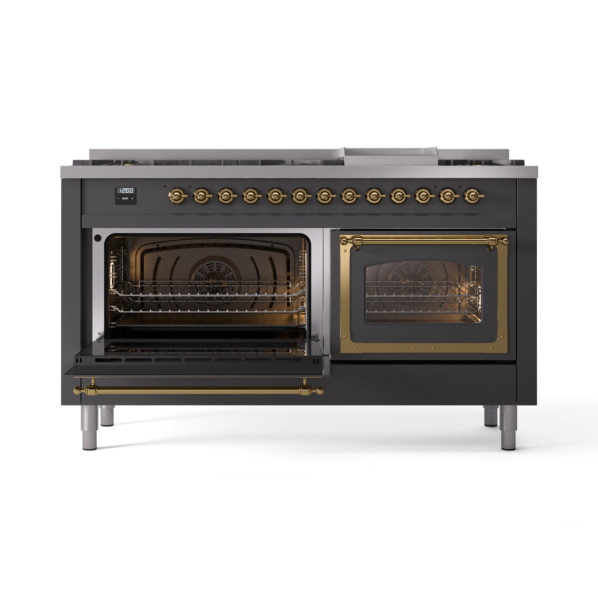 Matte graphite dual-fuel range with two open ovens and brass-trim control knobs
