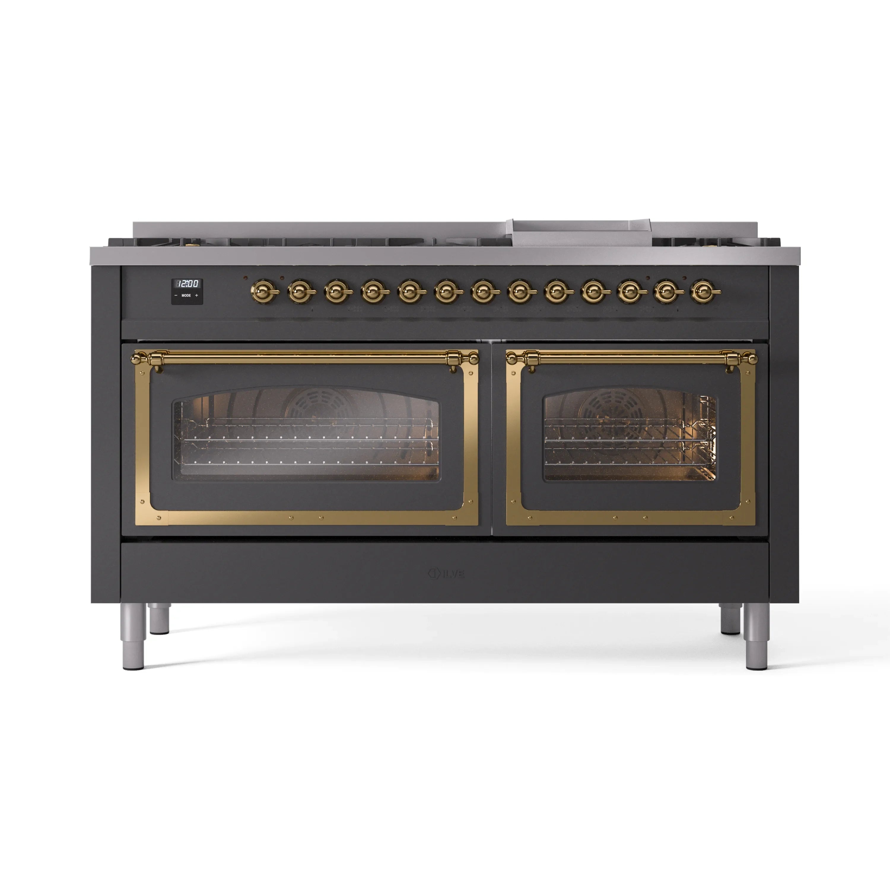 Matte graphite dual fuel range with two brass-trim oven doors, front view