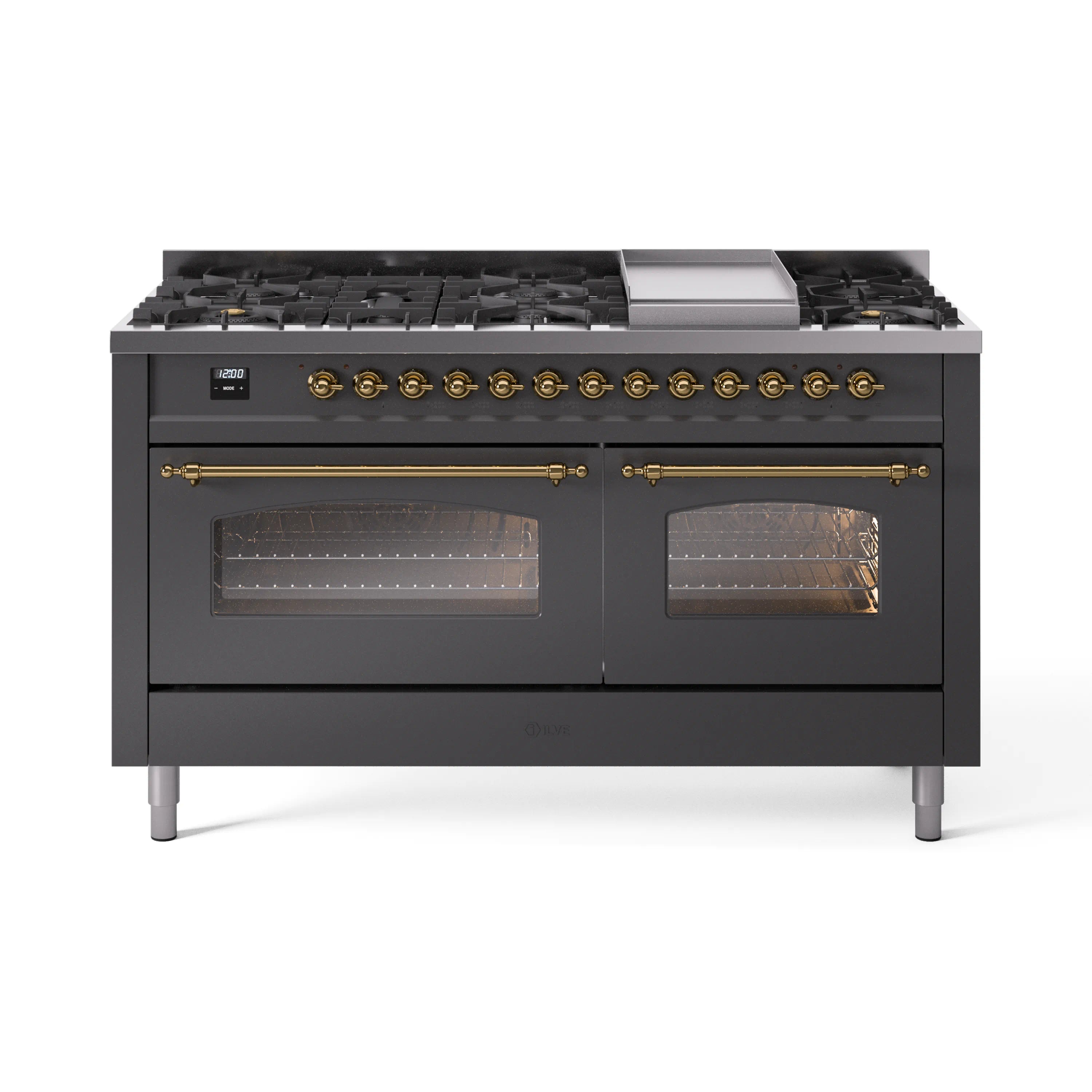 Matte graphite dual-fuel gas range with brass knobs, griddle, and triple-glass oven doors