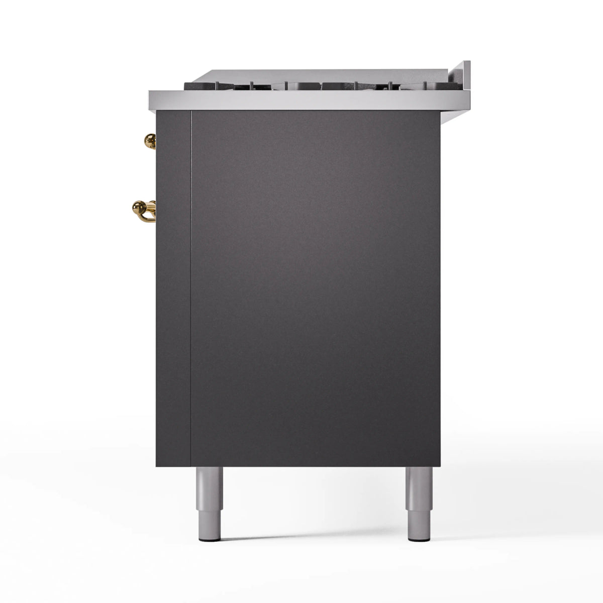 Matte graphite range side panel with brass trim accents and adjustable leveling feet