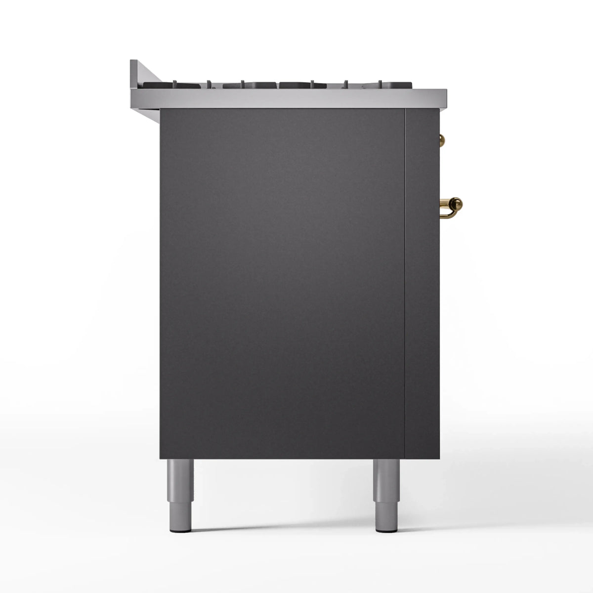 Matte graphite dual-fuel gas range back panel with brass handle and adjustable legs