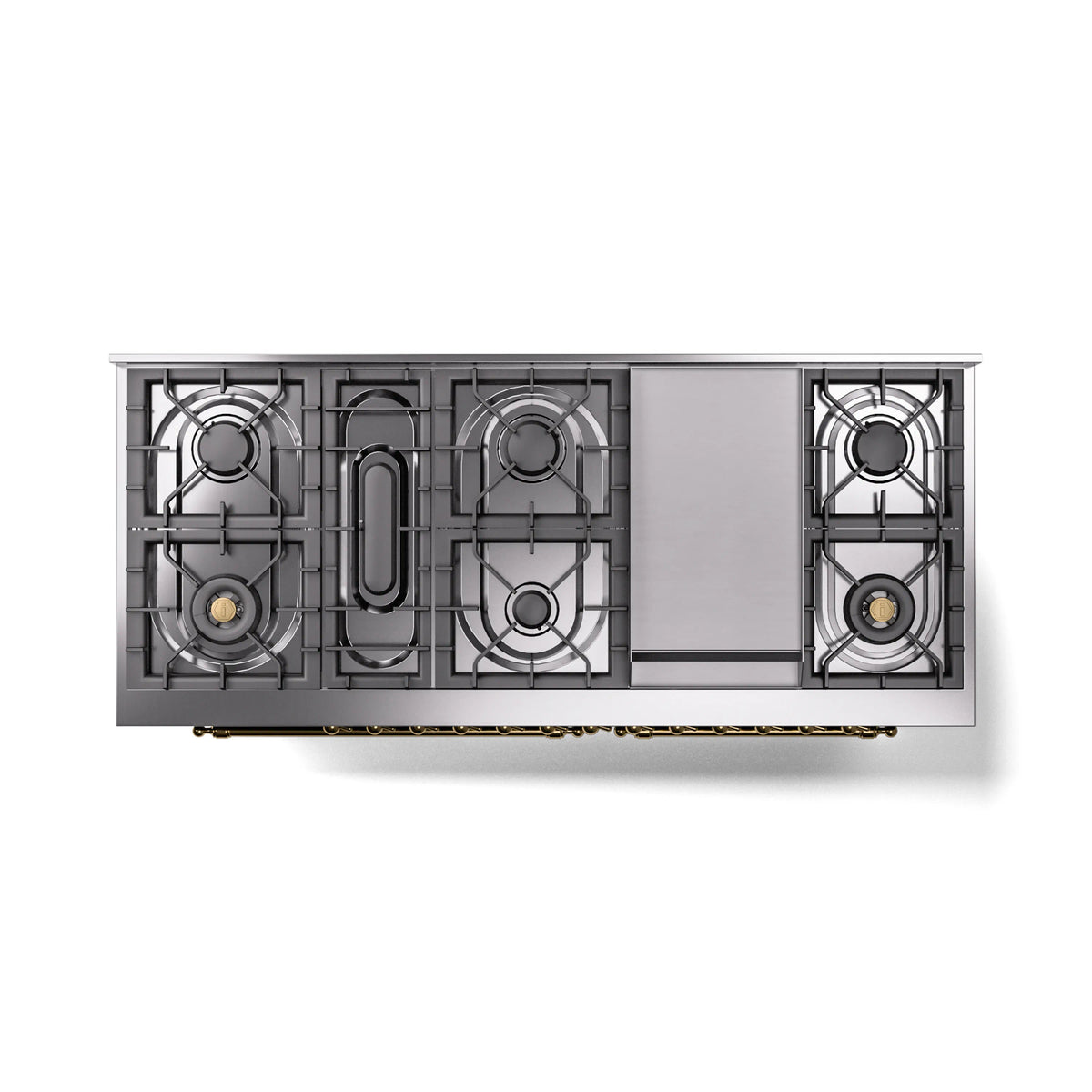 Dual-fuel gas range cooktop underside view with burner grates and plumbing details