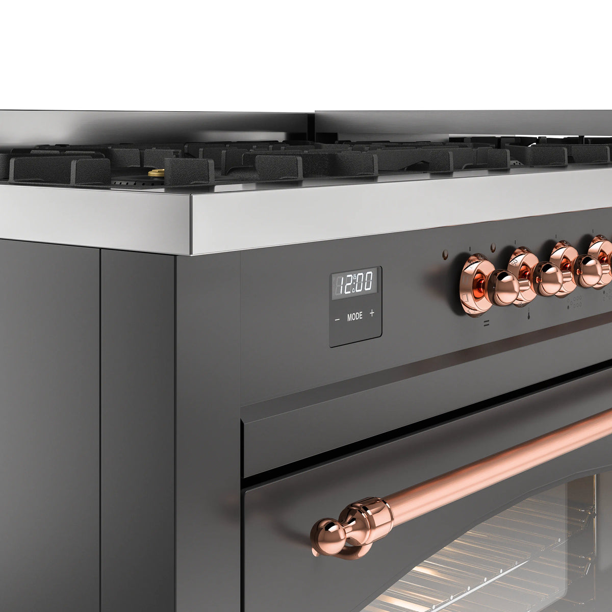 Graphite range control panel with copper burner knobs and digital display window
