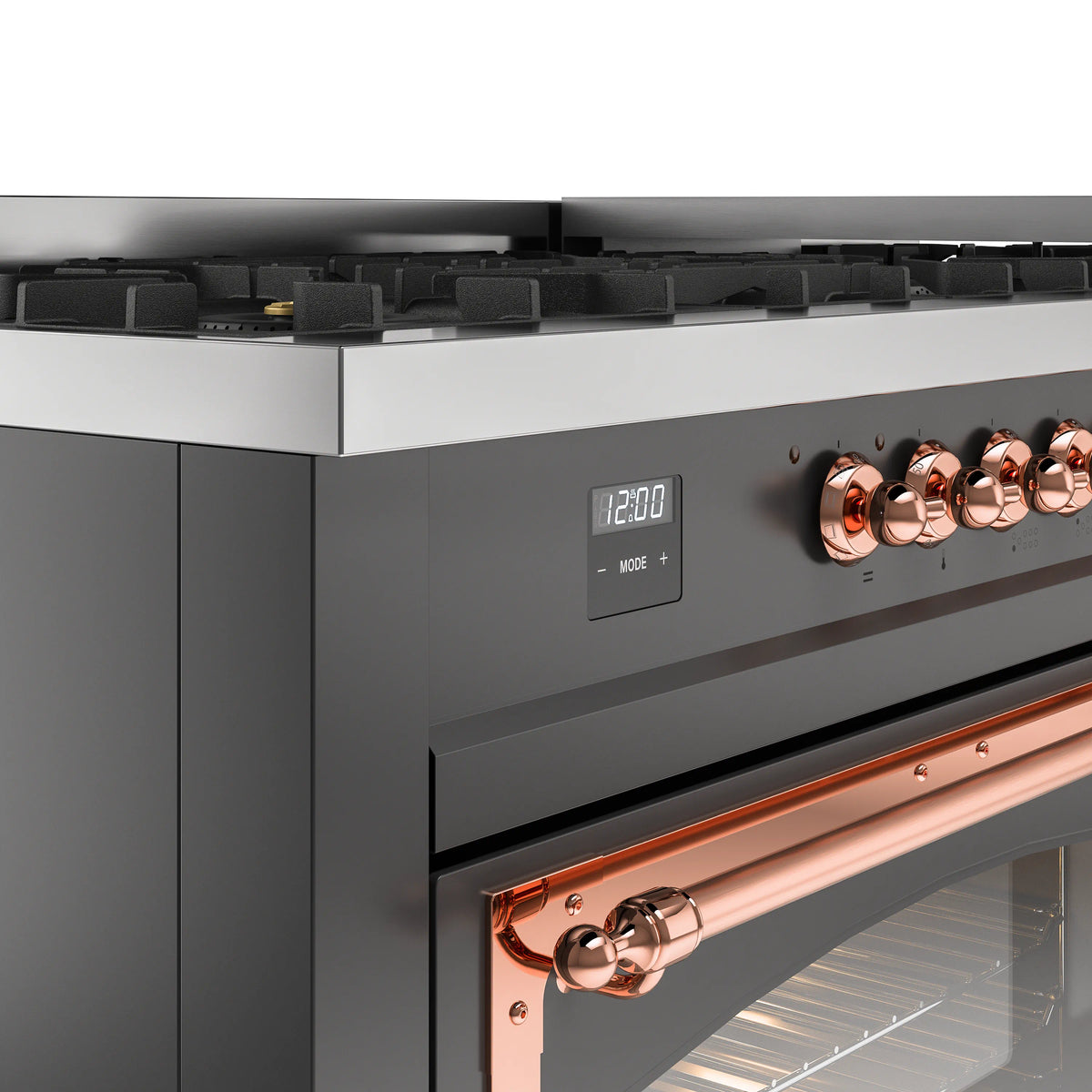 Dual fuel range control panel with digital display and copper control knobs