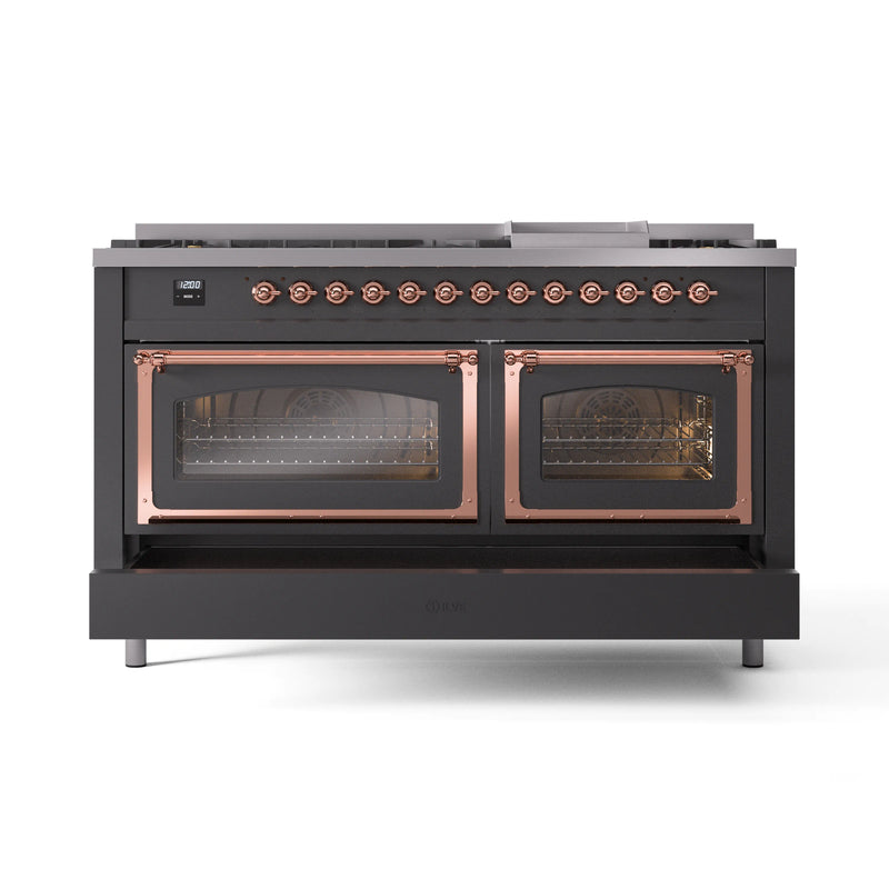 ILVE 60-Inch Nostalgie II Noblesse Dual Fuel Range with 9 Sealed Burners, Griddle, Triple Glass Door Oven in Matte Graphite with Copper Trim (UN60FNMPMGP)