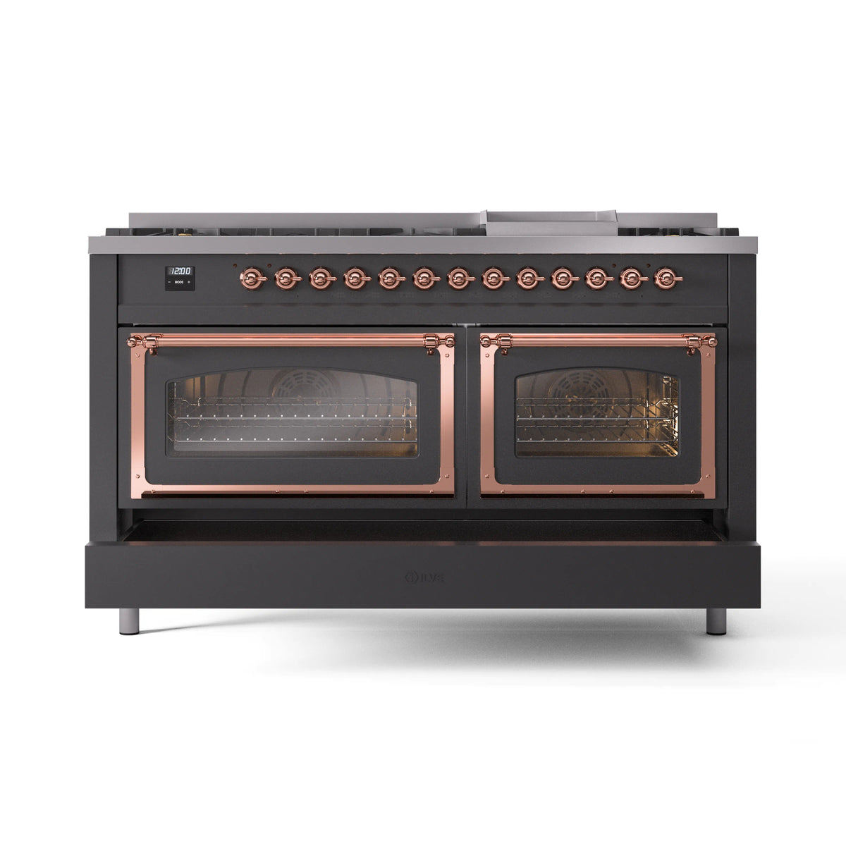 ILVE dual fuel range with copper-trimmed oven doors and matte graphite body