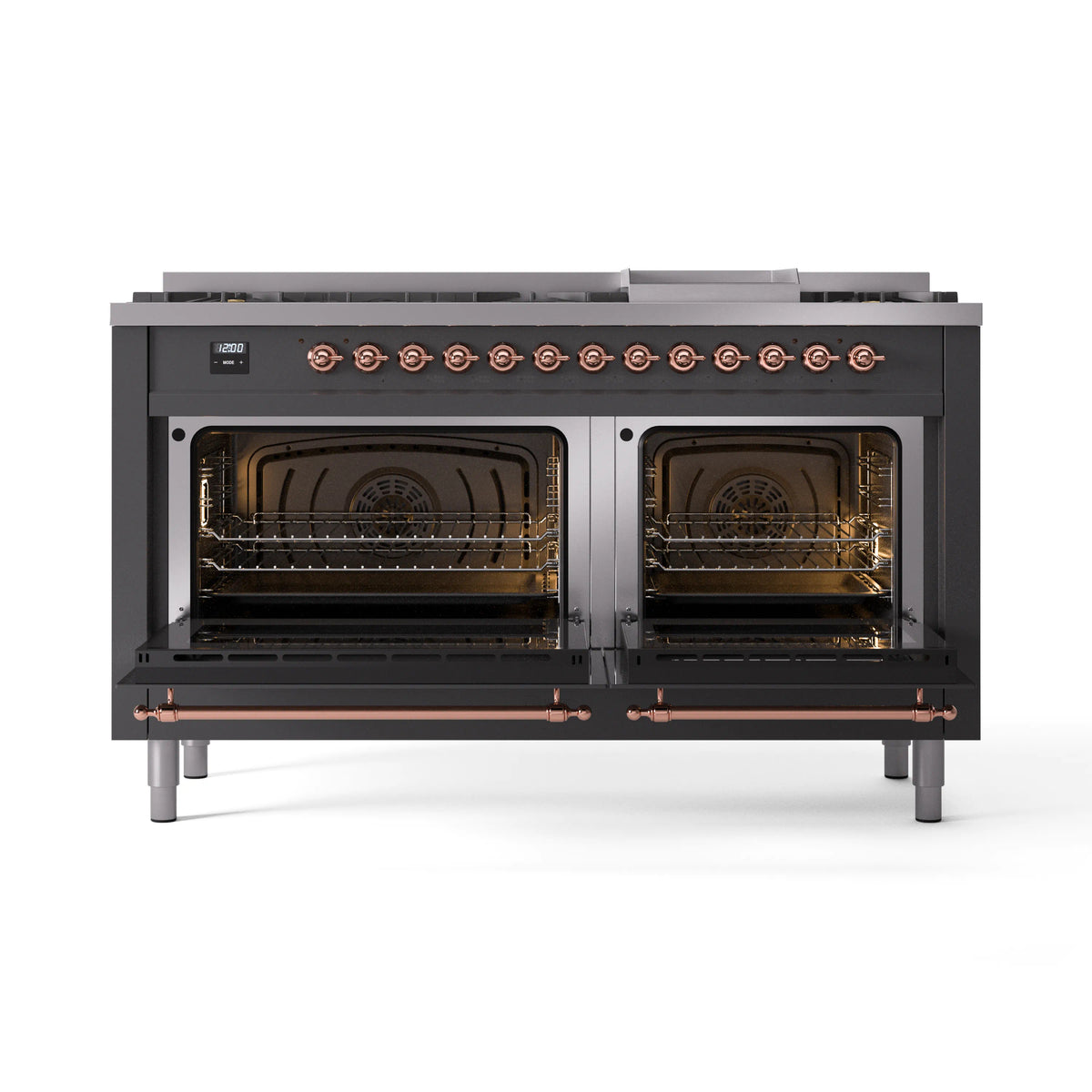 Matte graphite dual-fuel gas range with both ovens open and copper control knobs
