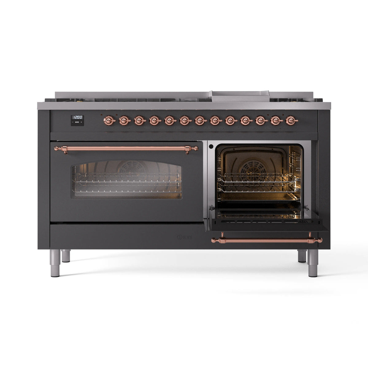 Matte graphite gas dual oven range with one oven open and copper control hardware