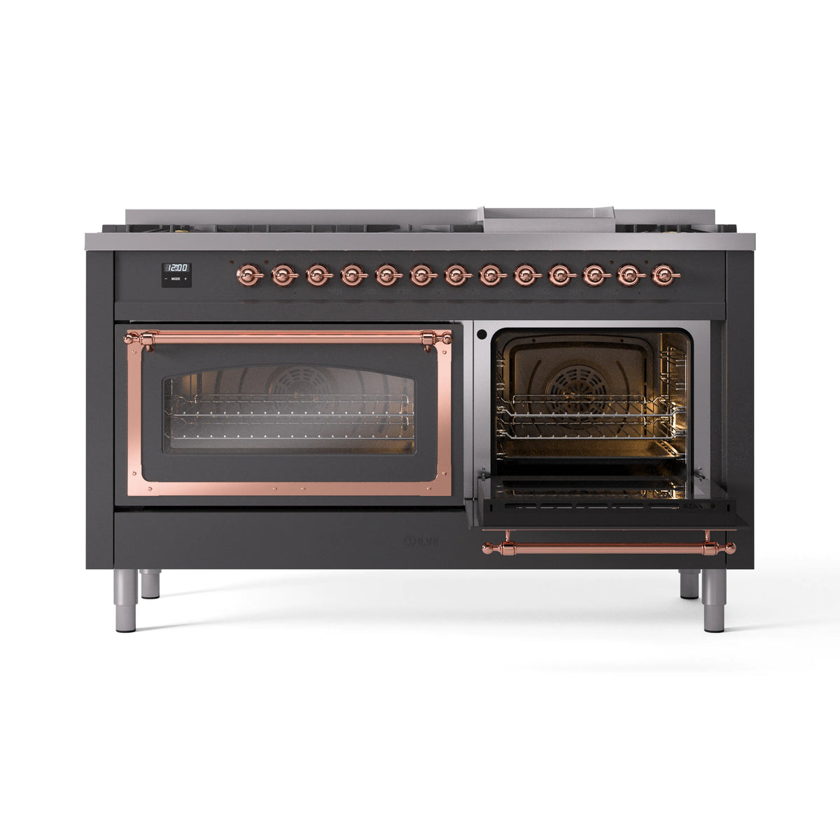 Matte graphite dual fuel range with copper trim; left oven closed, right oven door open