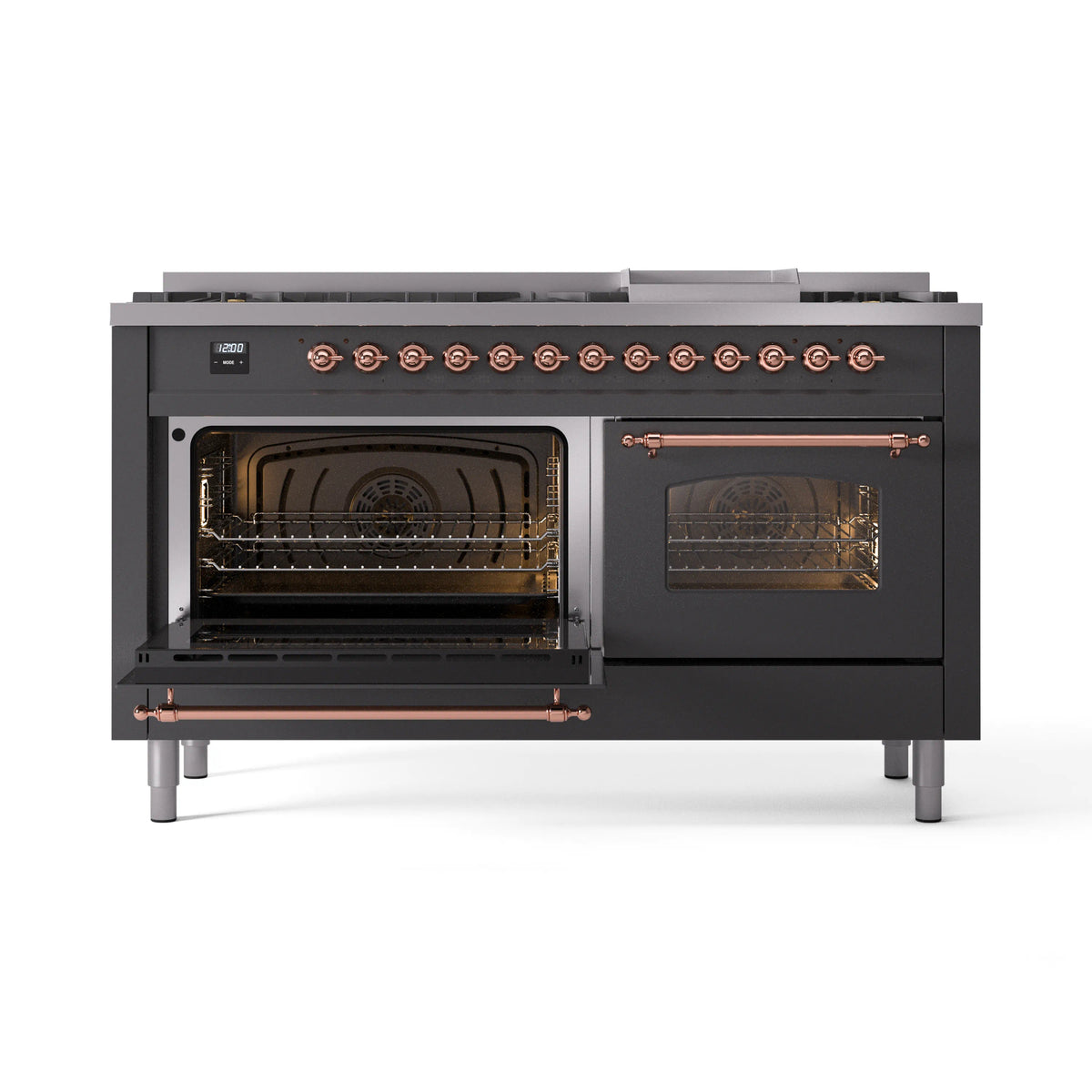 Matte graphite dual-fuel gas range with both ovens open and copper control accents