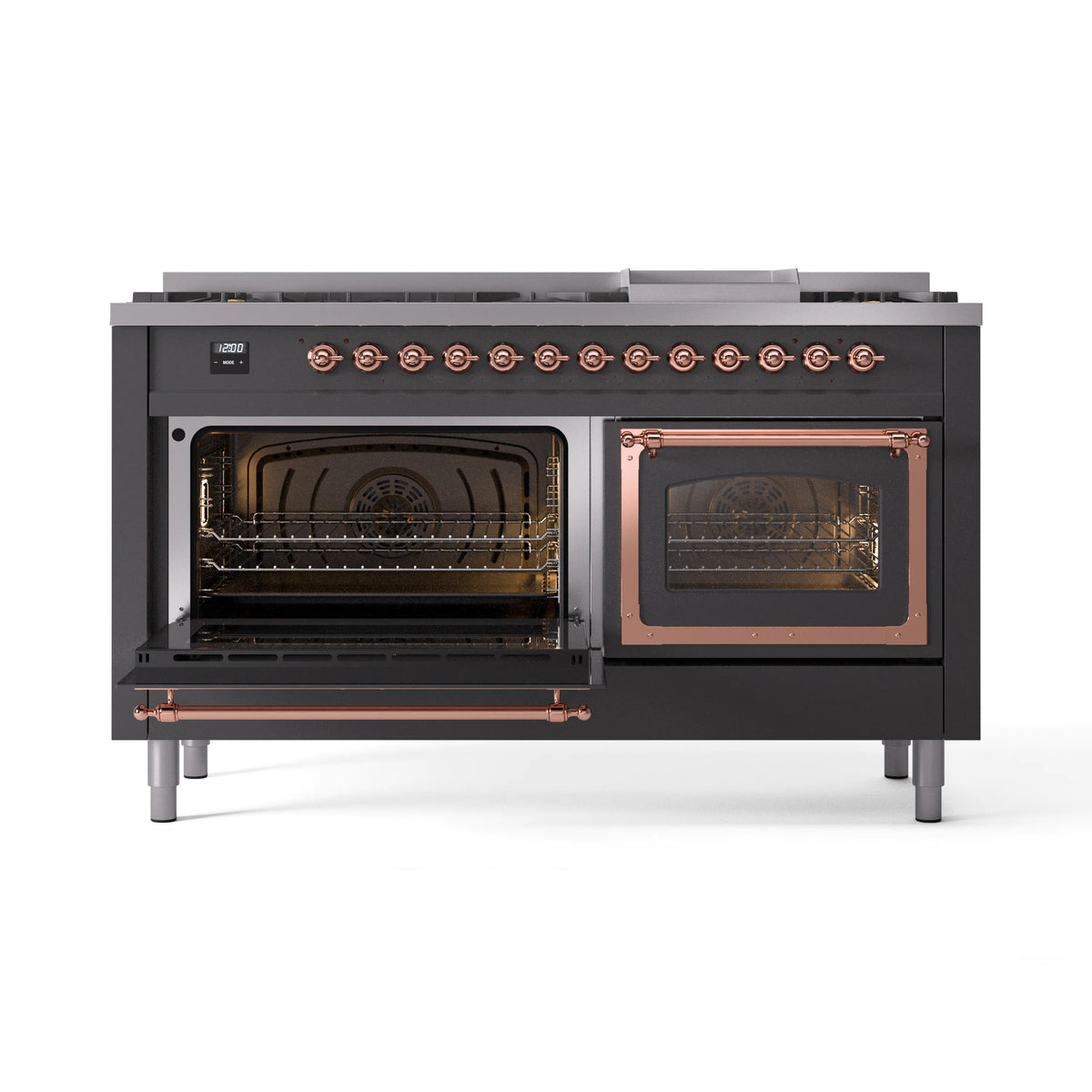Matte graphite dual fuel range with copper trim; left oven door open, right oven closed